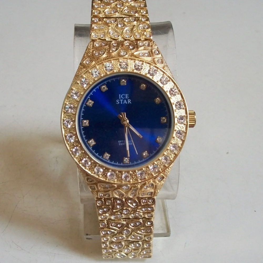 Men's Ice Star Gold Finish Blue Dial Nugget Style Bracelet Fashion Watch